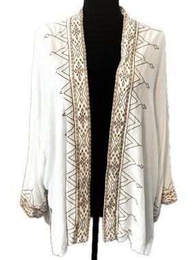 Chico's Embroidered Open Front Kimono Cardigan Ivory Boho Duster Cover Up L/XL